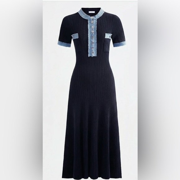 Sandro Dresses & Skirts - Sandro Navy Ribbed Knit Dress with Denim Trim